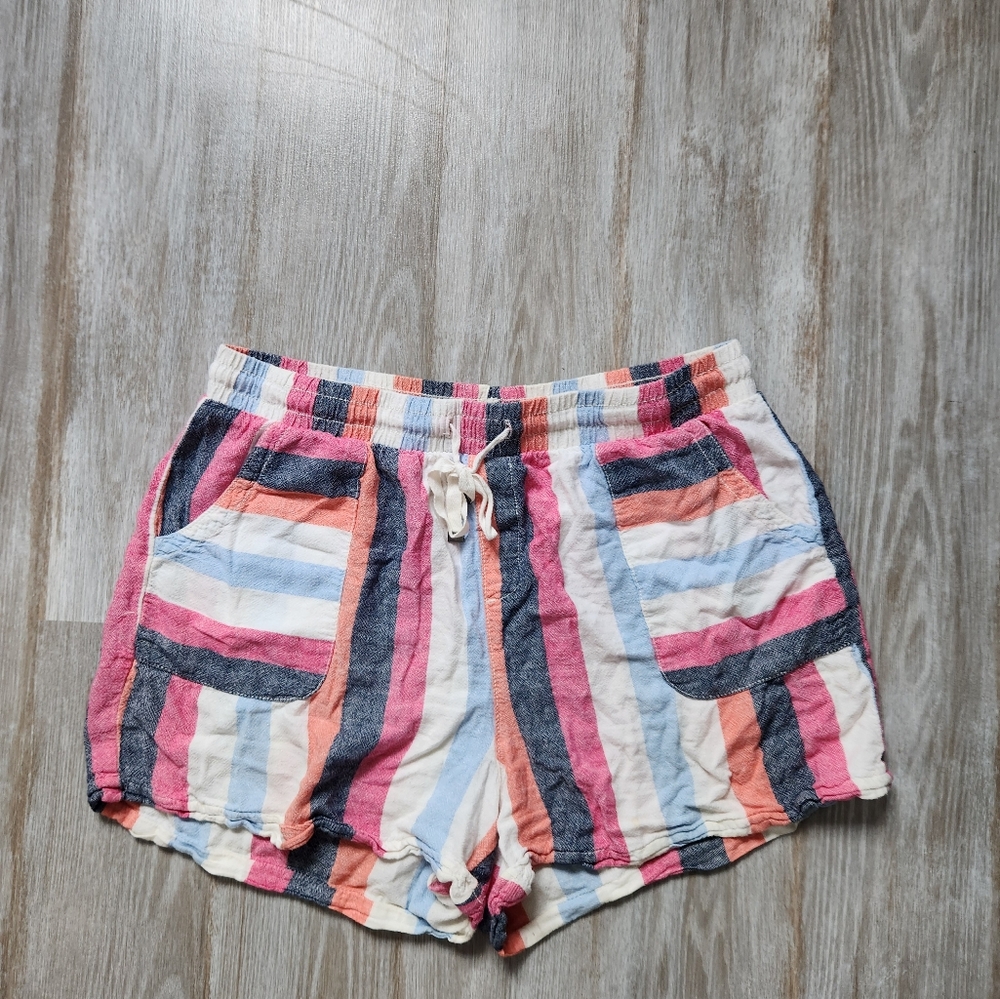Time & Tru Multicolor Striped Shorts Linen Blend Drawstring Pockets Flowy Sz L
